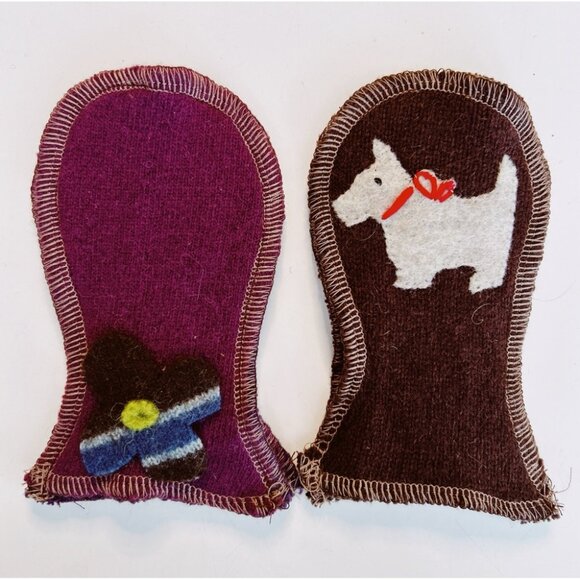 Handmade Recycled Wool Infant Mittens in Brown & Purple with Flower & Dog - Picture 1 of 7